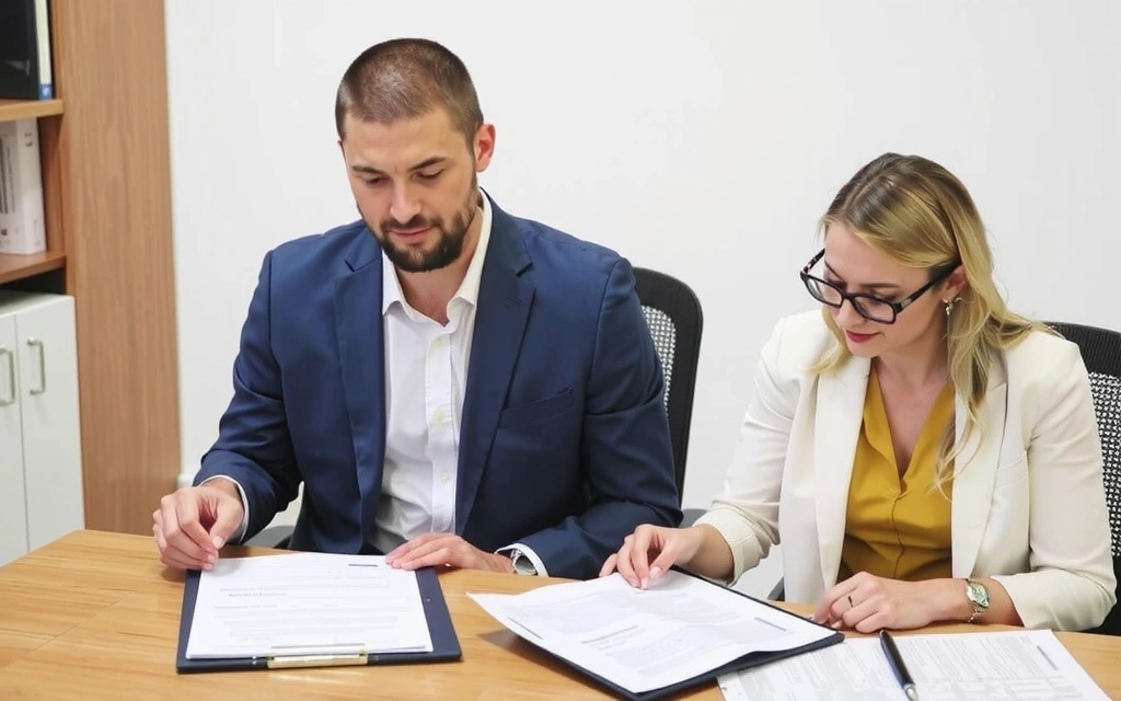 Două persoane analizând documente și discutând