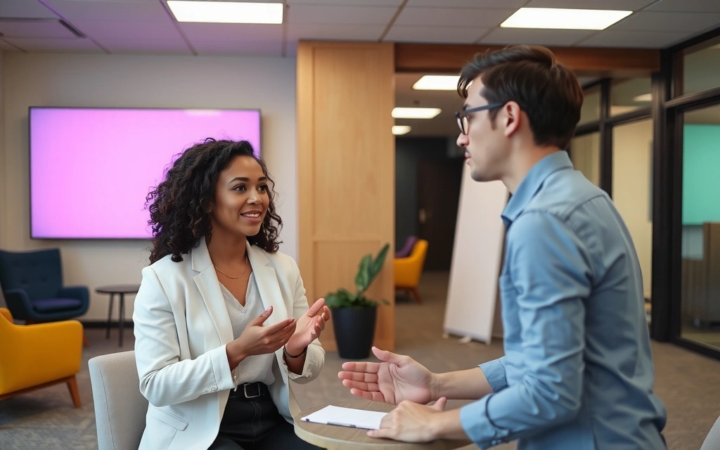 Două persoane la un interviu, discutând într-un birou modern