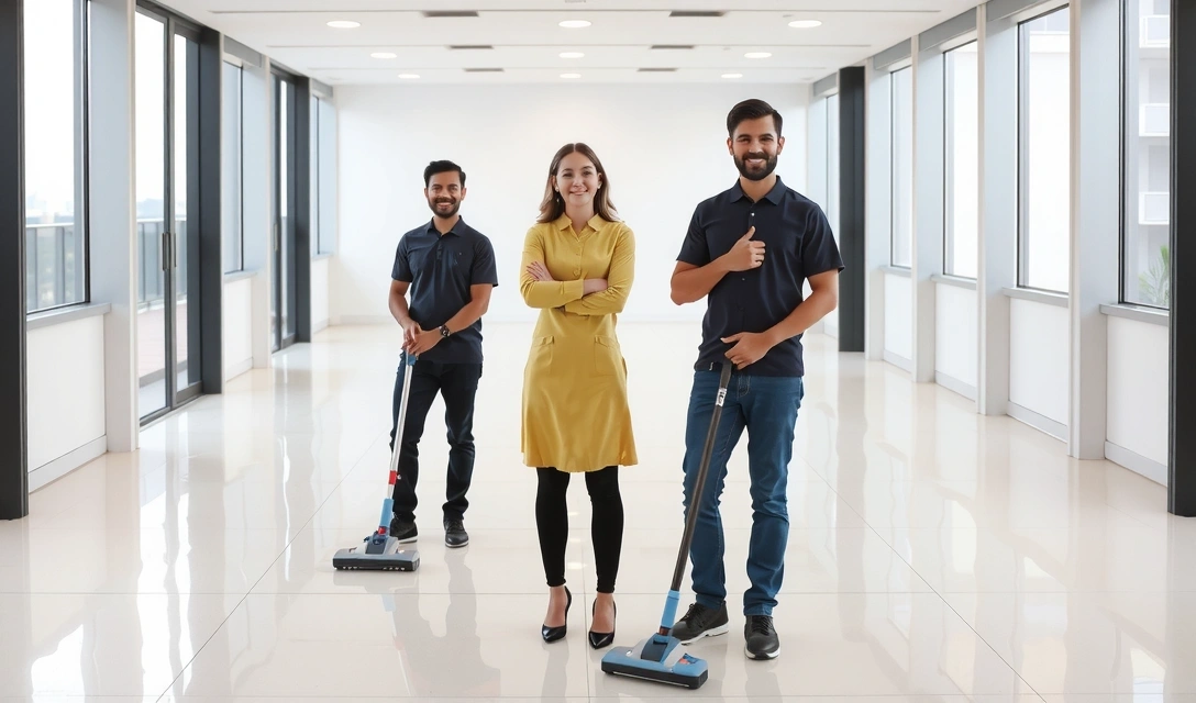 Imagine a unei echipe de curățenie lucrând cu profesionalism