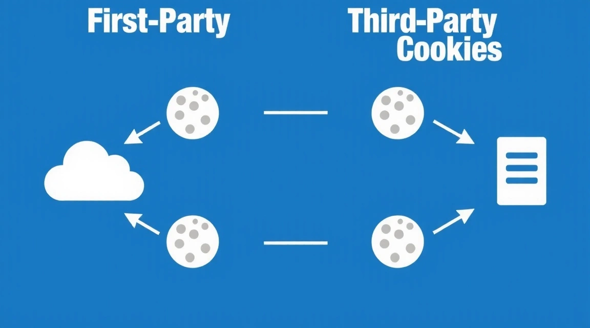 Diagrama care arată diferența dintre cookie-urile primare și terțe, cu săgeți care indică fluxul de date de la servere diferite.