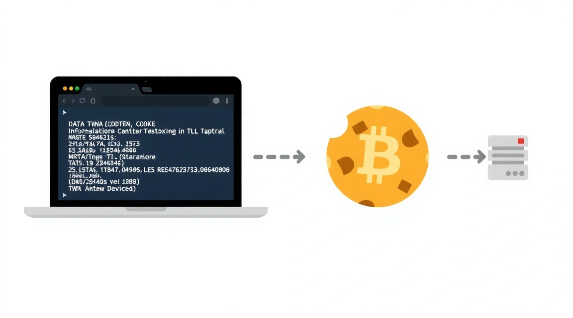 Ilustrație a unui cookie digital cu date care circulă între un browser și un server, evidențiind conceptul de stocare a informațiilor pe dispozitivul utilizatorului.