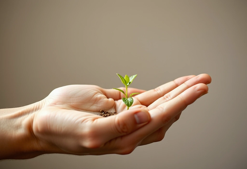 Mână ținând o plantă verde, simbolizând grijă pentru mediu
