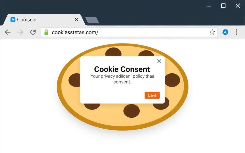 Imagine cu un browser web afișând o notificare despre cookie-uri, simbolizând politica de utilizare a cookie-urilor