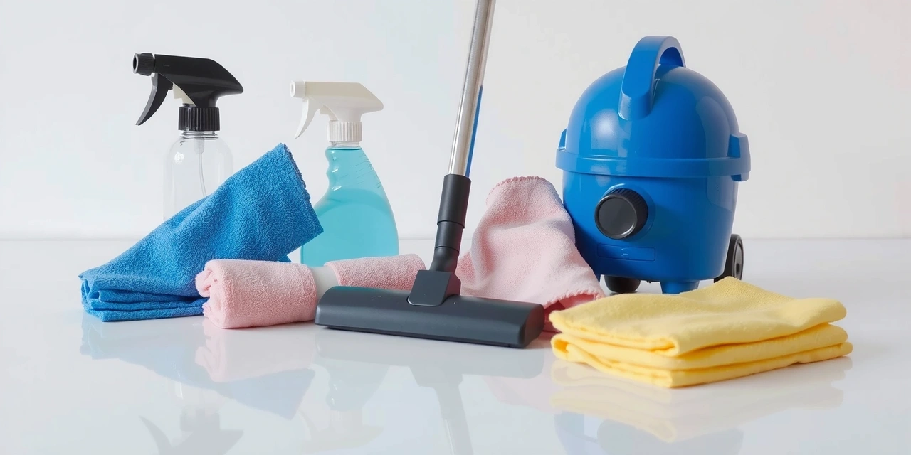 Imagine modernă cu unelte de curățenie și suprafețe strălucitoare, reprezentând calitatea serviciilor cleaningworks