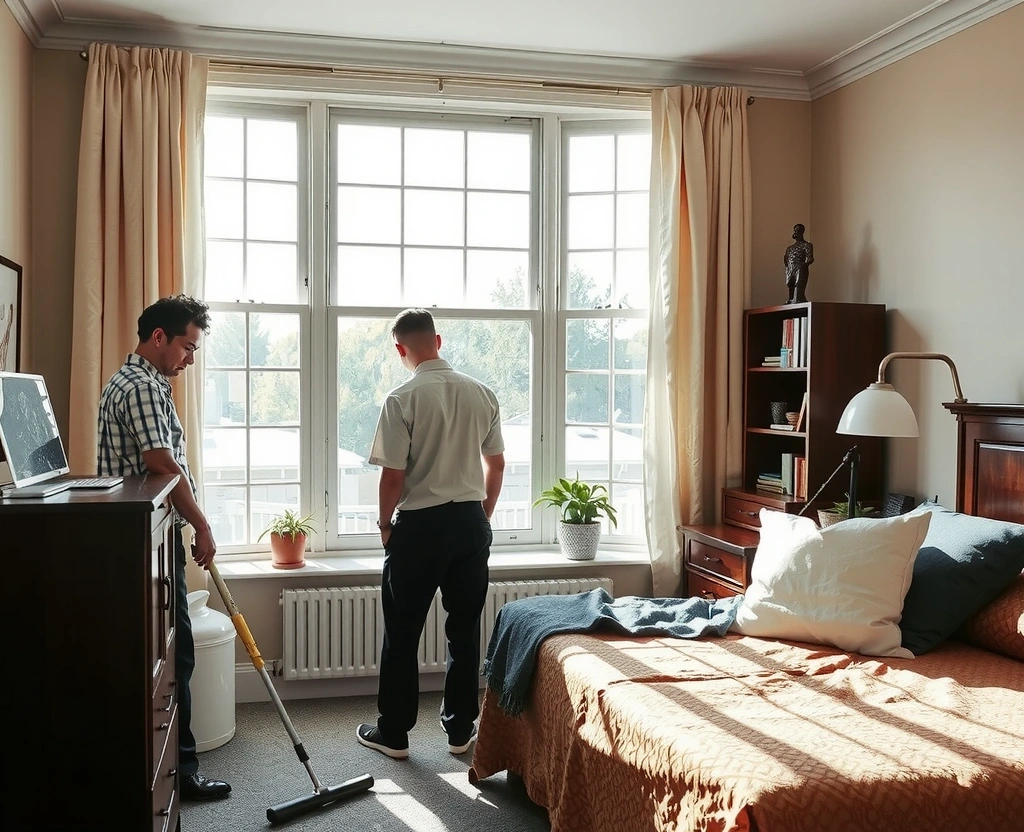 Interior rezidențial curat și luminos, cu persoane care efectuează curățenie profesională