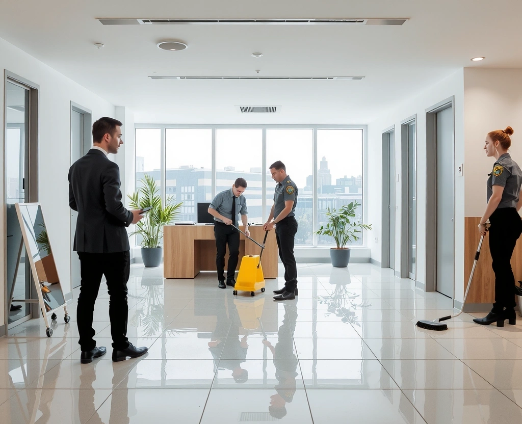 Spațiu de birouri modern, curat și organizat, cu angajați care efectuează curățenie